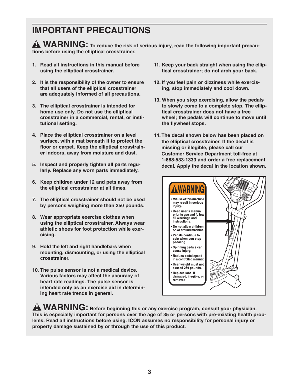 Important precautions warning, Warning | ProForm PFEL71032 User Manual | Page 3 / 24