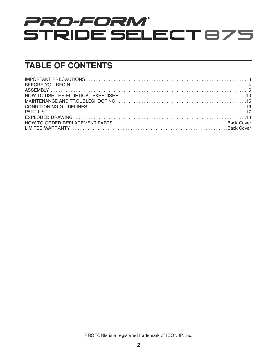 ProForm PFEL4905.0 User Manual | Page 2 / 20