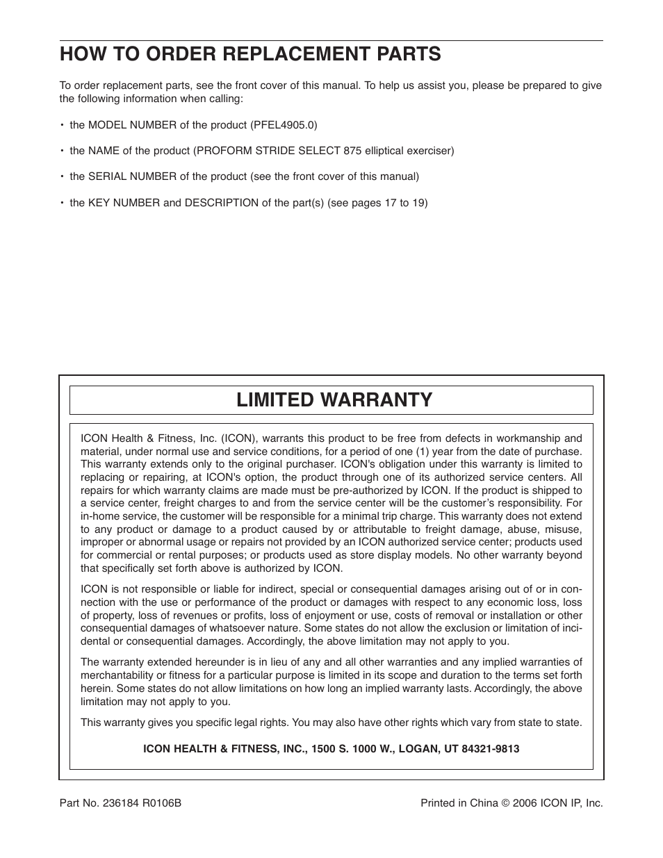 How to order replacement parts, Limited warranty | ProForm PFEL4905.0 User Manual | Page 20 / 20