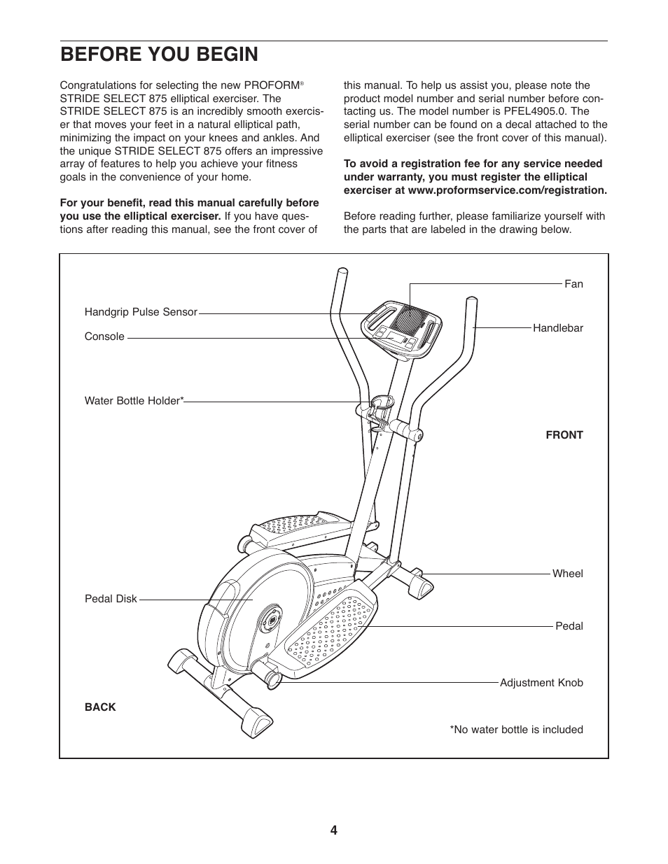 Before you begin | ProForm PFEL4905.0 User Manual | Page 4 / 20