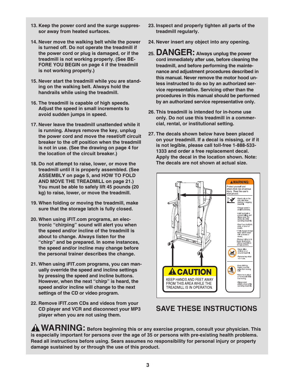 Danger, Warning, Save these instructions | ProForm 831.295250 User Manual | Page 3 / 30