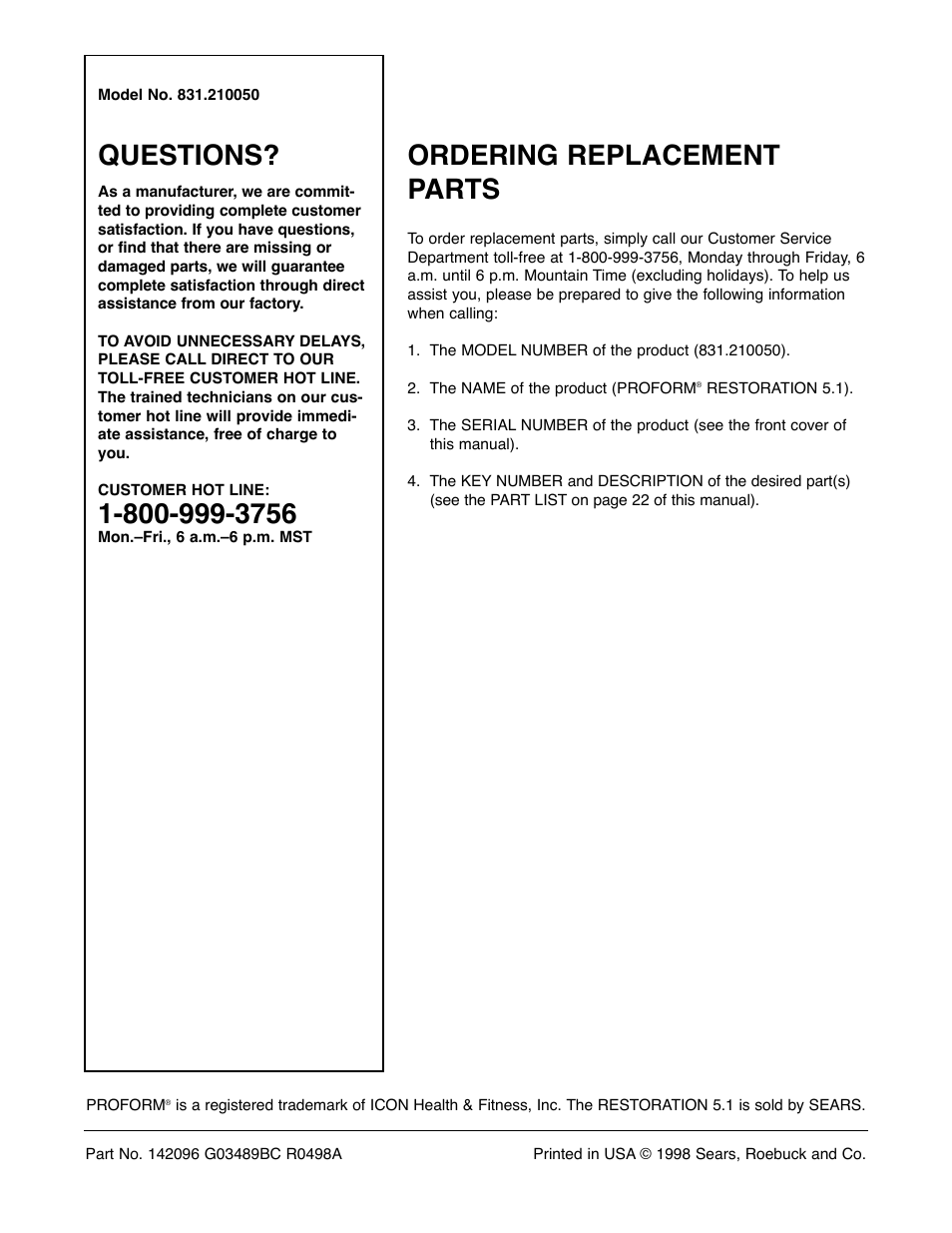 Questions, Ordering replacement parts | ProForm 831.21005 User Manual | Page 24 / 24