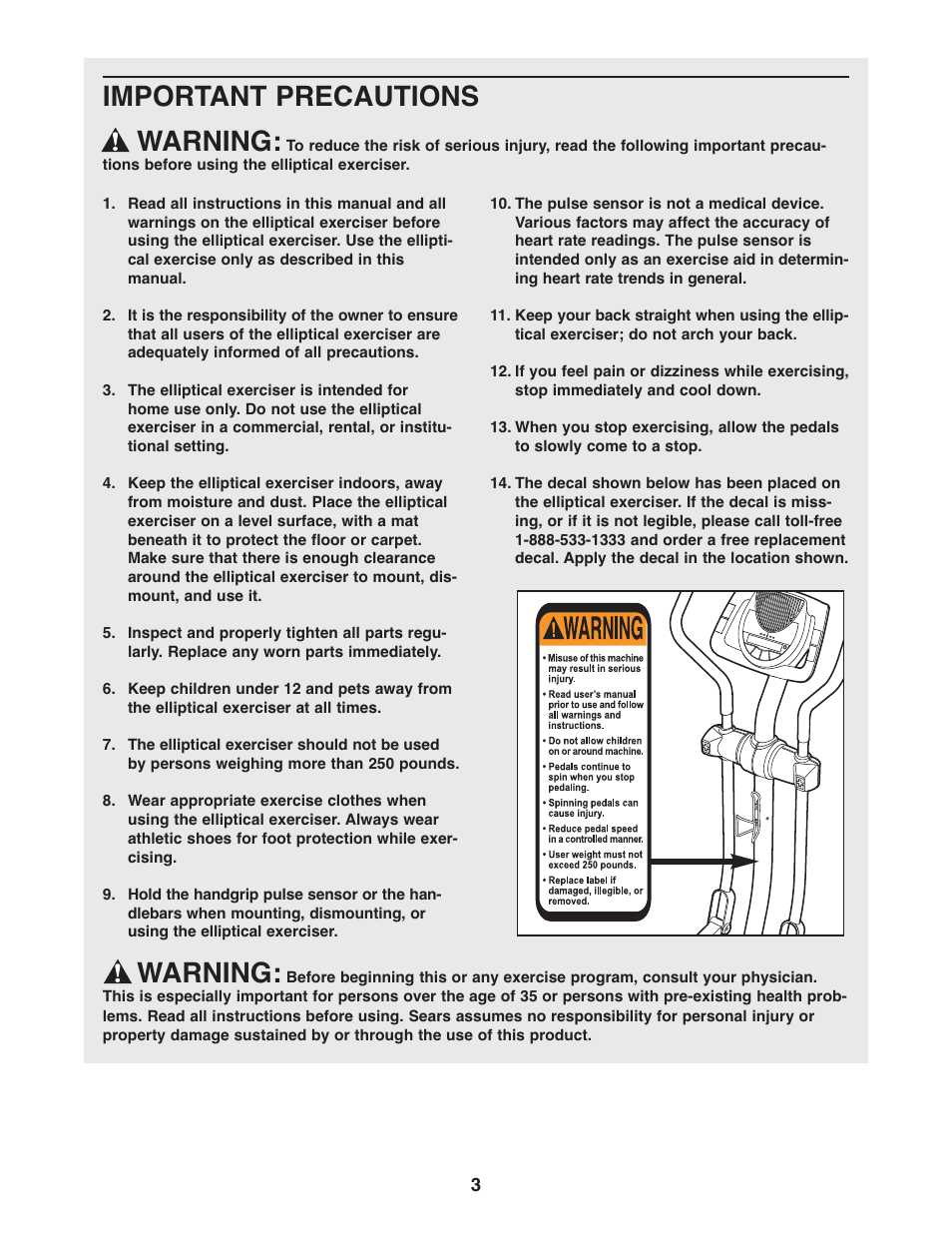 Important precautions warning, Warning | ProForm XP 130 831.28544.2 User Manual | Page 3 / 28