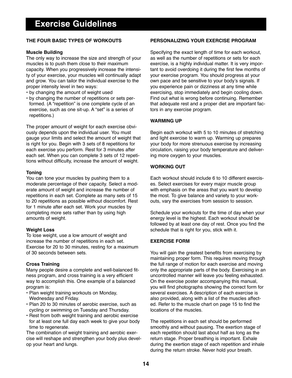 Exercise guidelines | ProForm PFBE62290 User Manual | Page 14 / 18