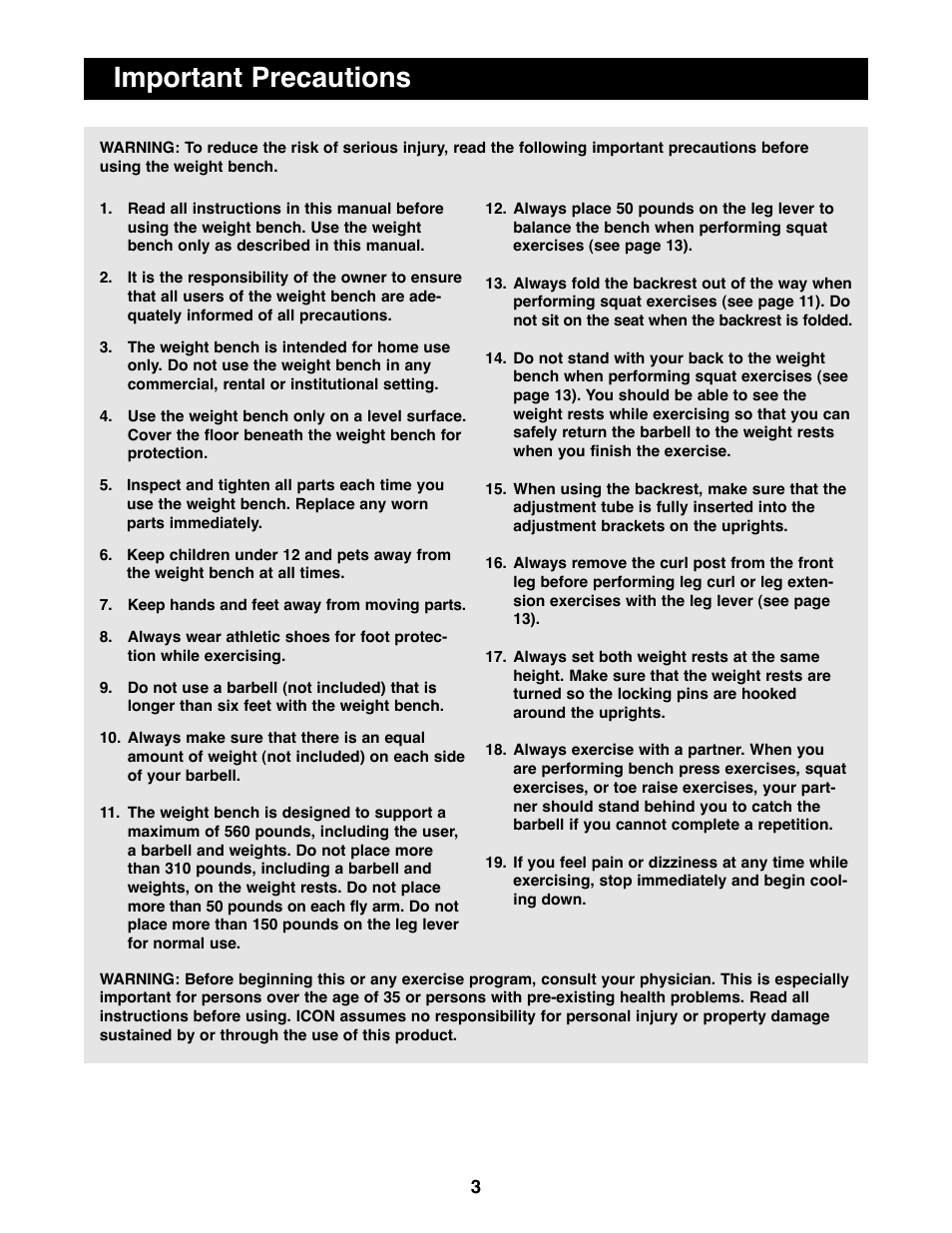Important precautions | ProForm PFBE62290 User Manual | Page 3 / 18