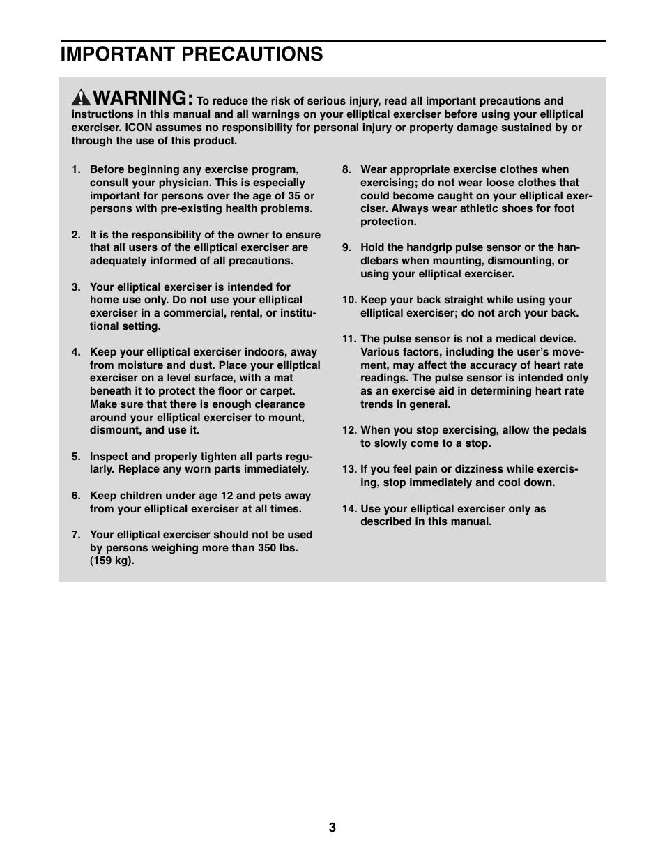 Warning, Important precautions | ProForm PFEL07807.1 User Manual | Page 3 / 28
