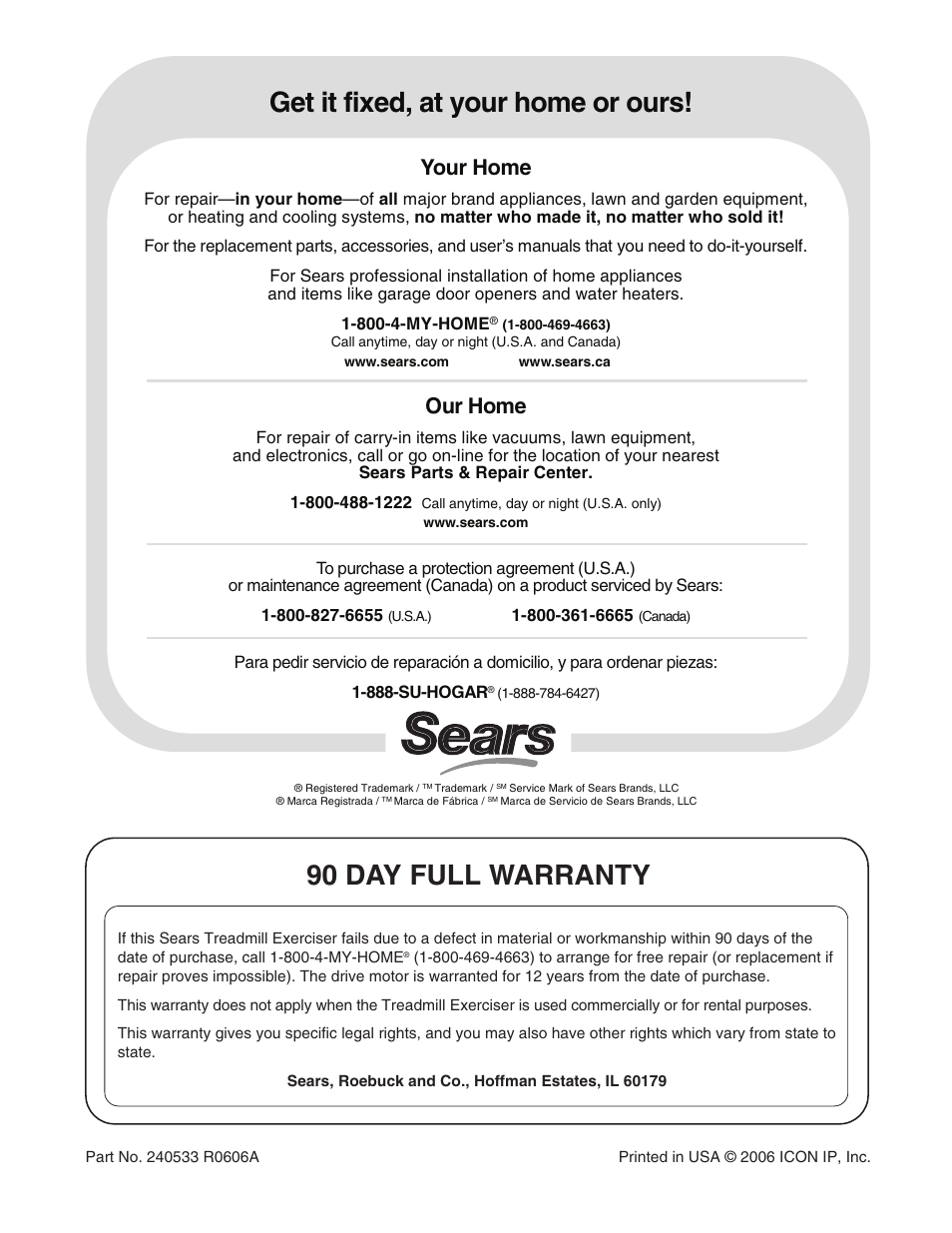 Get it fixed, at your home or ours, 90 day full warranty, Your home | Our home | ProForm CrossTrainer 831.24655.0 User Manual | Page 28 / 28