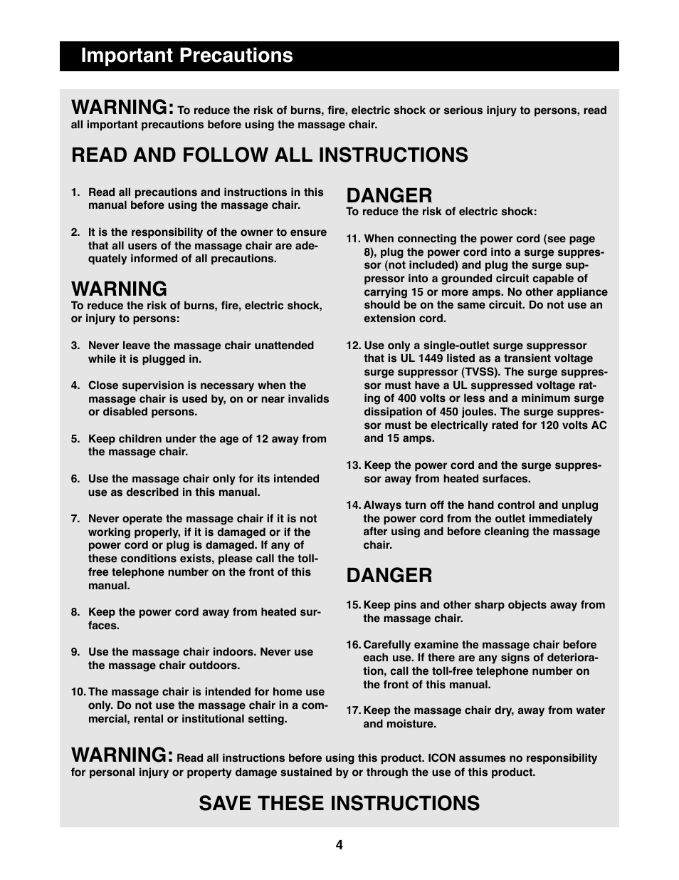 Warning, Read and follow all instructions, Danger | Save these instructions important precautions | ProForm PFRX31071 User Manual | Page 4 / 13