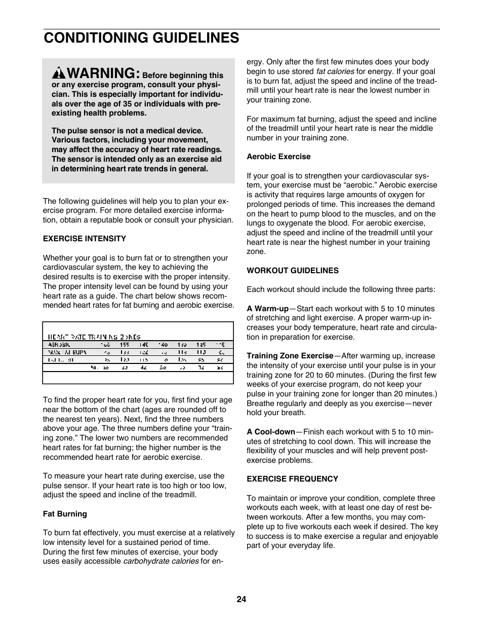 Conditioning guidelines, Warning | ProForm PFTL99222H User Manual | Page 24 / 30