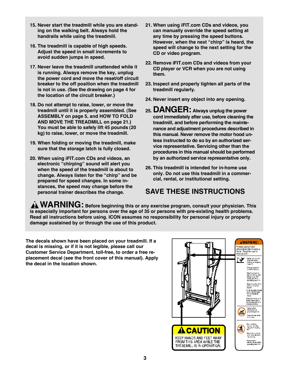 Warning, Save these instructions | ProForm PFTL99222H User Manual | Page 3 / 30