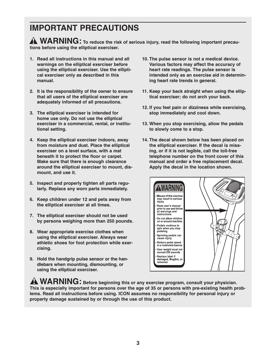Important precautions warning, Warning | ProForm StrideSelect PFCCEL3906.2 User Manual | Page 3 / 20