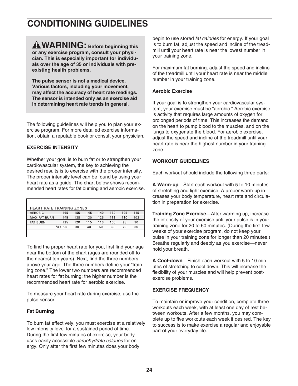 Conditioning guidelines, Warning | ProForm 831.295062 User Manual | Page 24 / 30