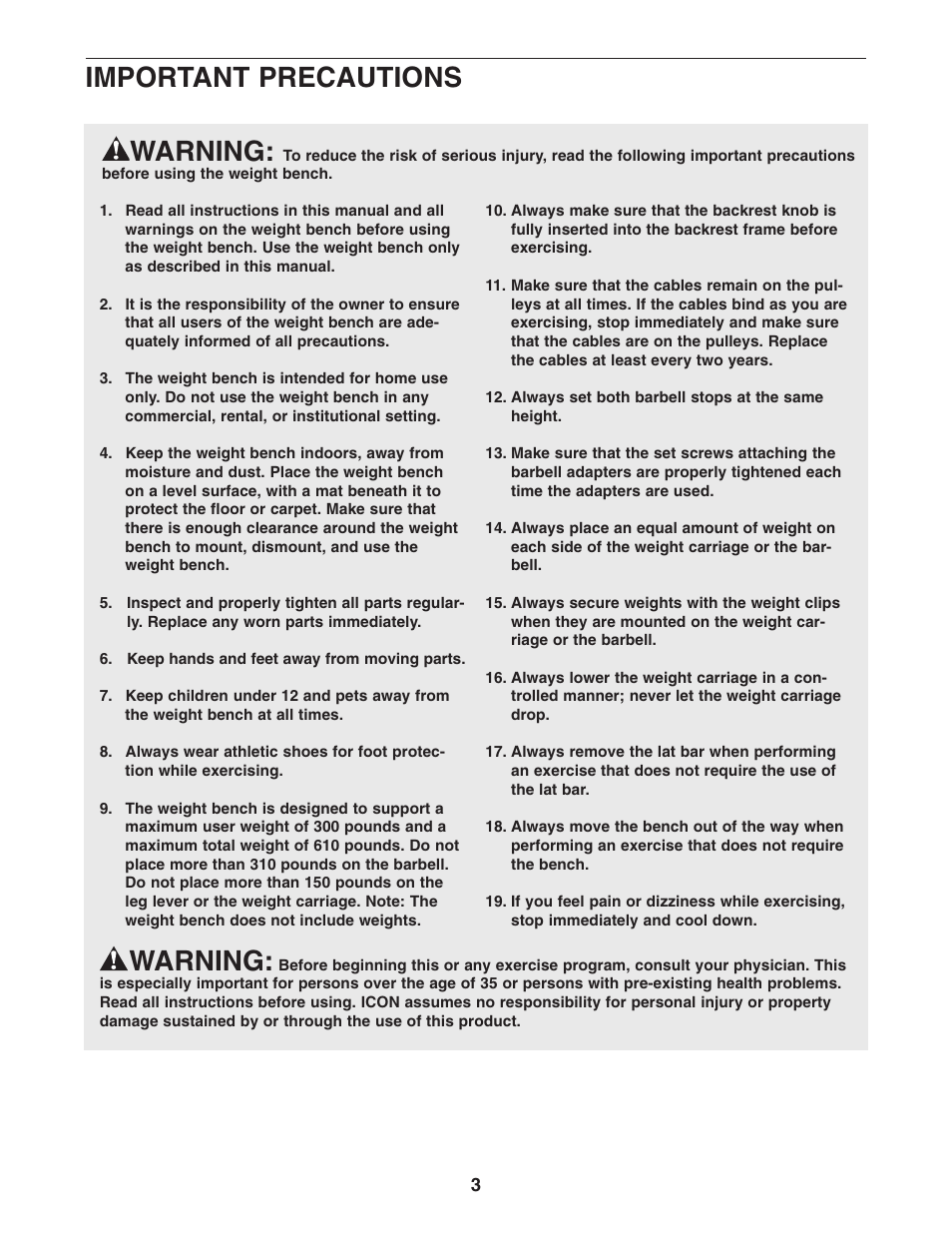 Warning, Important precautions | ProForm PFBE3006.0 User Manual | Page 3 / 24