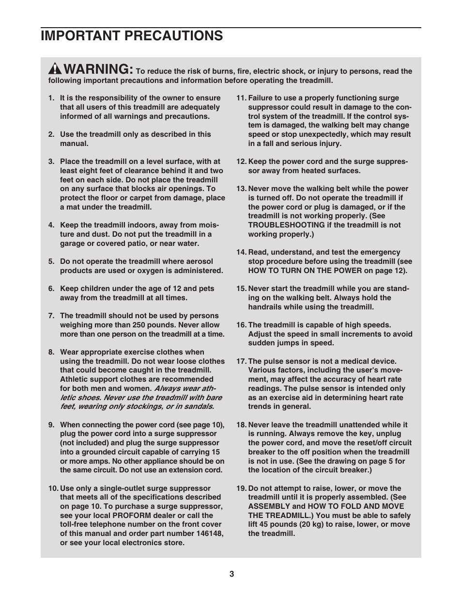 Warning, Important precautions | ProForm SPORT PFTL91205.0 User Manual | Page 3 / 30