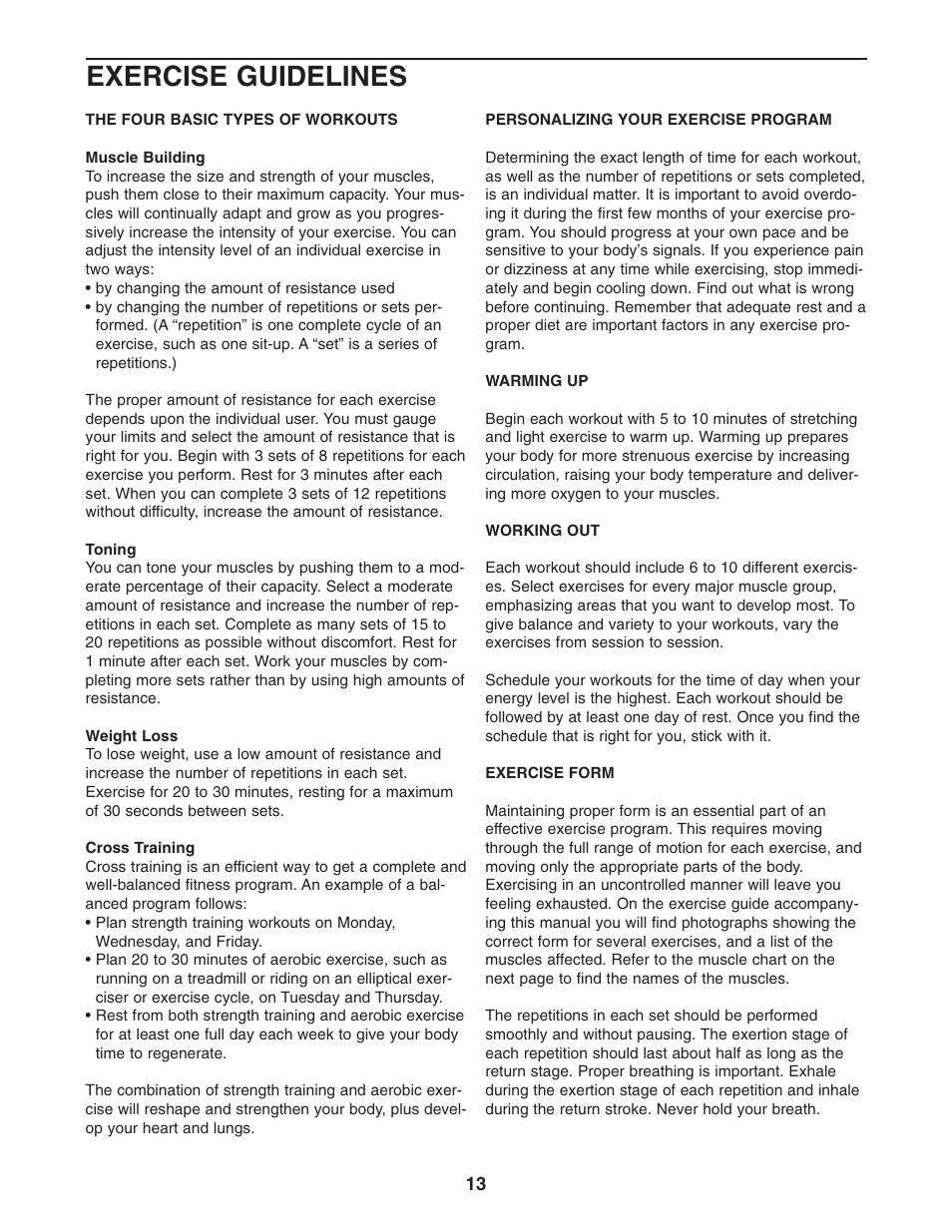 Exercise guidelines | ProForm PFBE1816.0 User Manual | Page 13 / 20