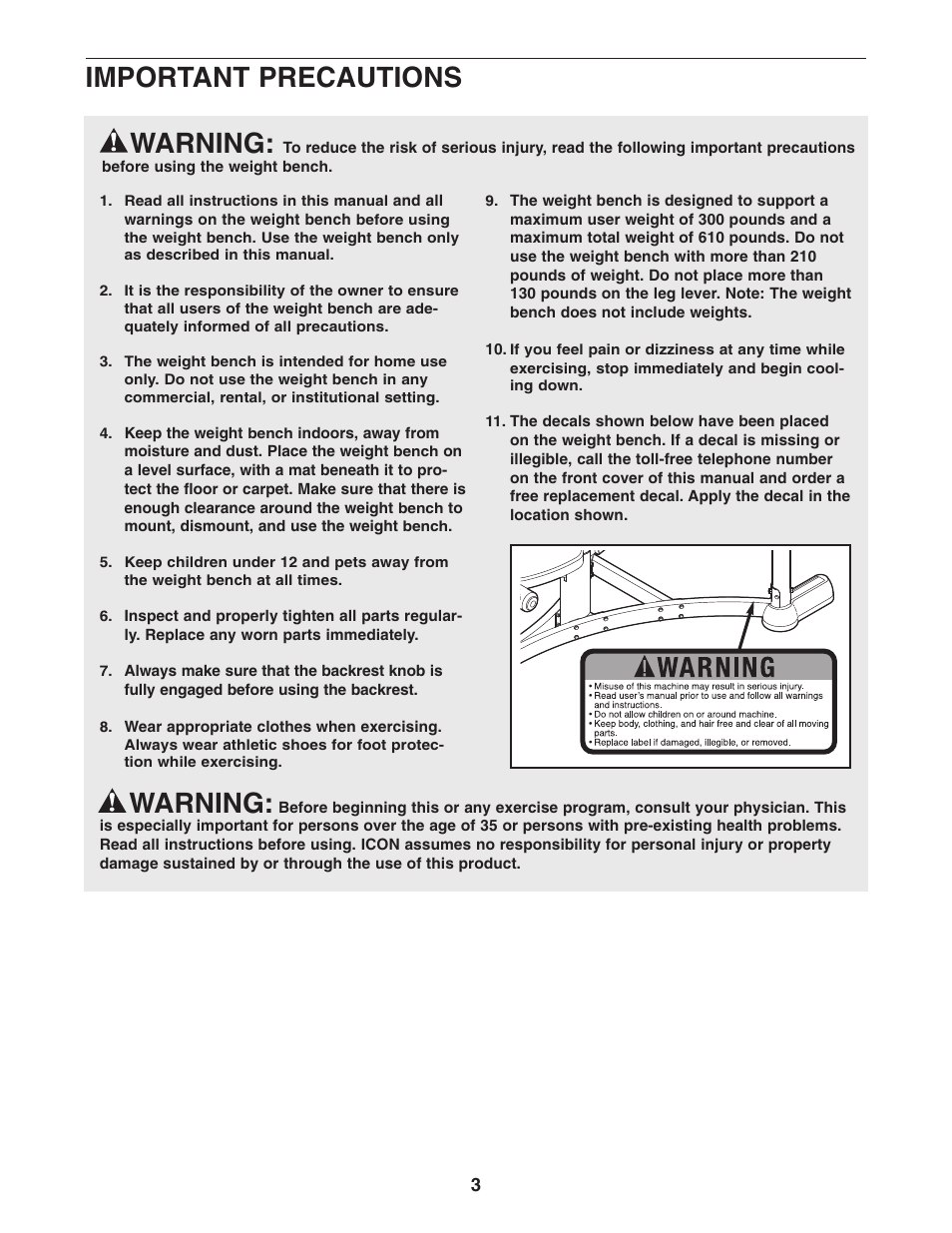 Warning, Important precautions | ProForm PFBE1816.0 User Manual | Page 3 / 20