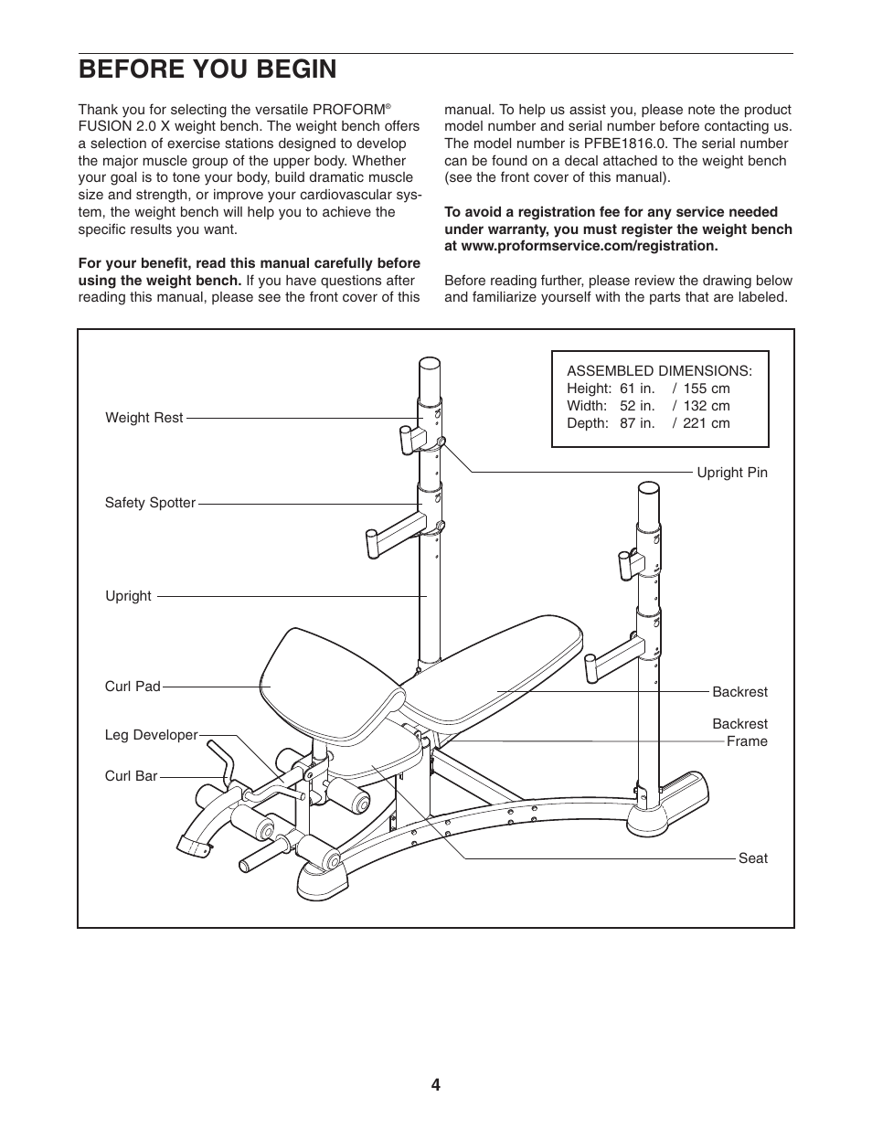 Before you begin | ProForm PFBE1816.0 User Manual | Page 4 / 20