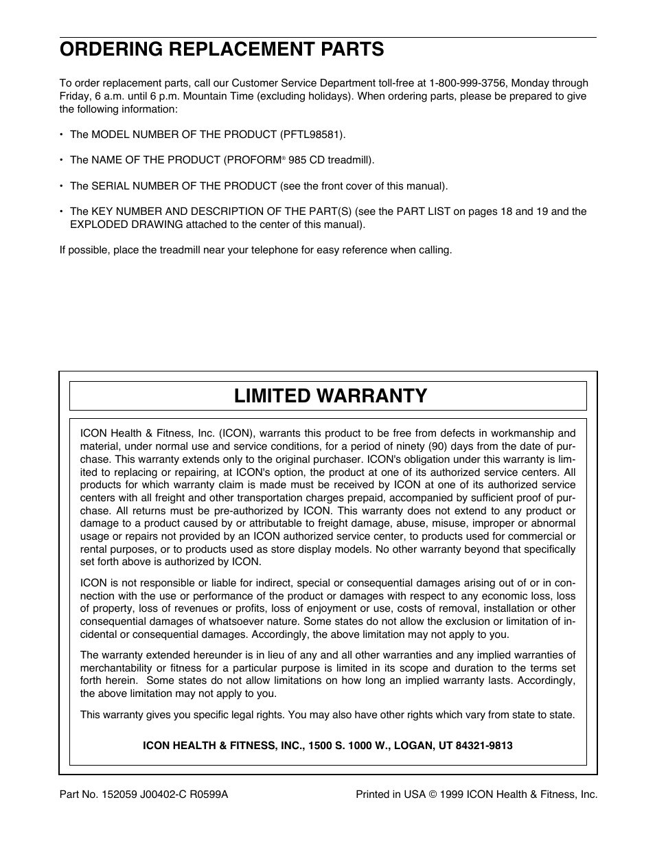 Ordering replacement parts, Limited warranty | ProForm PFTL98581 User Manual | Page 22 / 22
