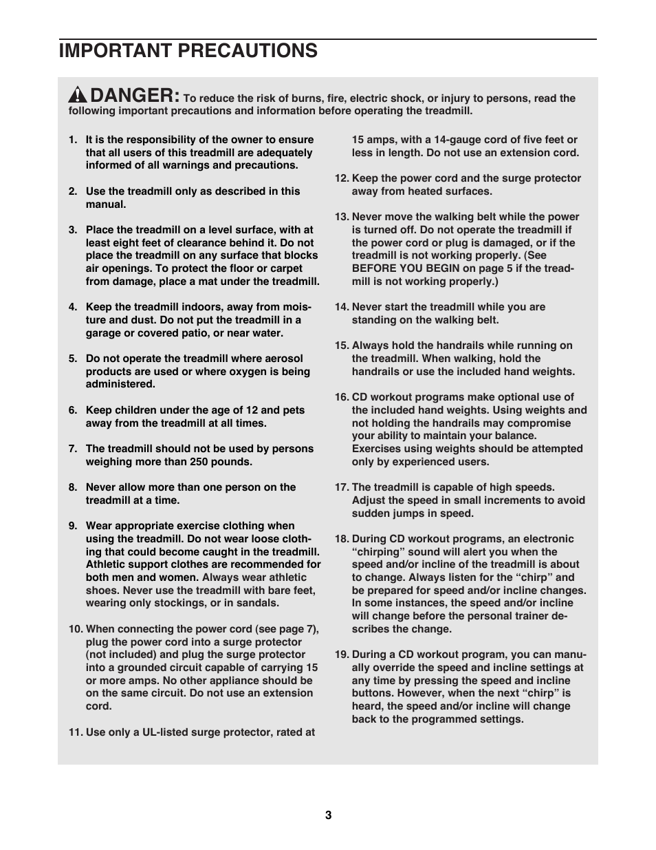 Danger, Important precautions | ProForm PFTL98581 User Manual | Page 3 / 22
