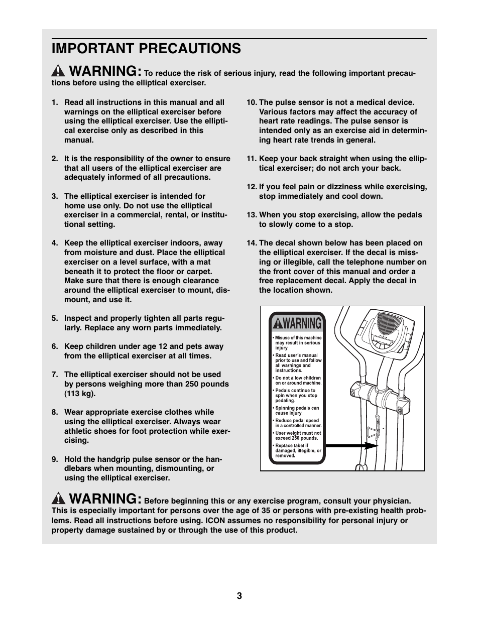 Important precautions warning, Warning | ProForm PFEL5105.3 User Manual | Page 3 / 32