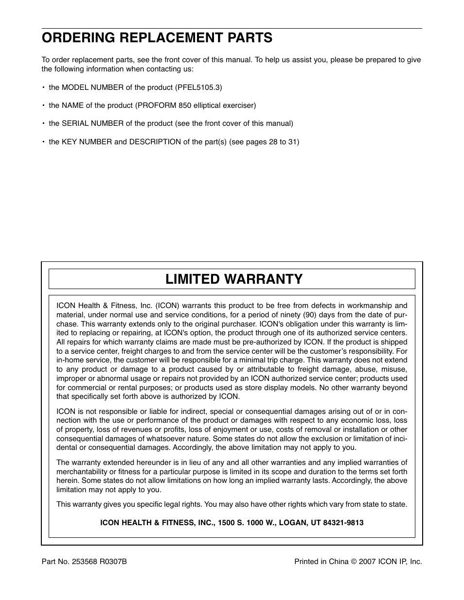 Ordering replacement parts, Limited warranty | ProForm PFEL5105.3 User Manual | Page 32 / 32