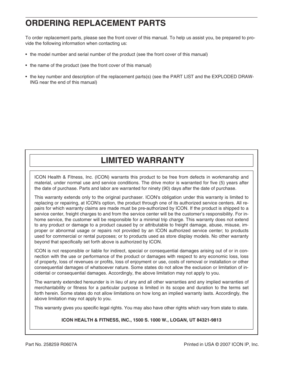 Limited warranty, Ordering replacement parts | ProForm Trainer PFTL39507.1 User Manual | Page 28 / 28