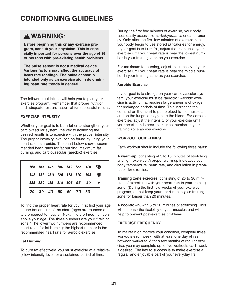 Conditioning guidelines, Warning | ProForm PFCCEL39014 User Manual | Page 21 / 24