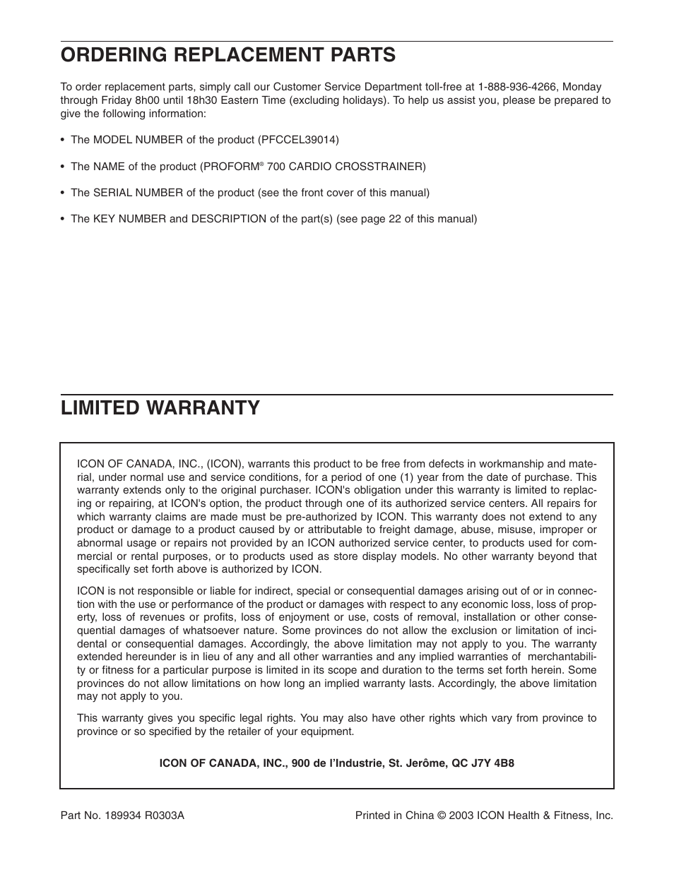 Ordering replacement parts, Limited warranty | ProForm PFCCEL39014 User Manual | Page 24 / 24