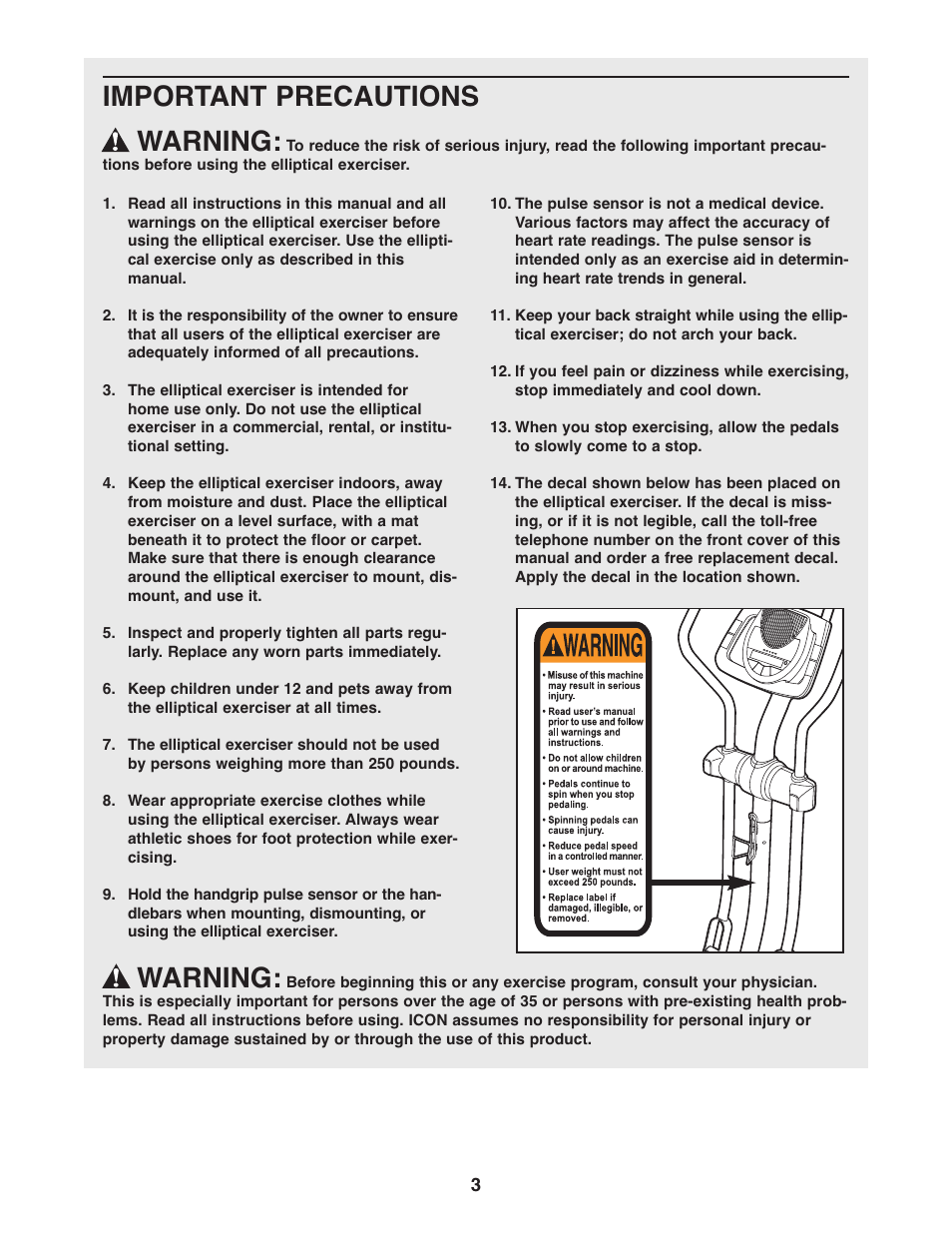 Important precautions warning, Warning | ProForm PFEL6905.1 User Manual | Page 3 / 24