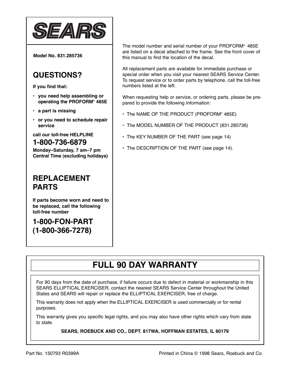 Full 90 day warranty, Questions, Replacement parts | ProForm 831.285736 User Manual | Page 16 / 16
