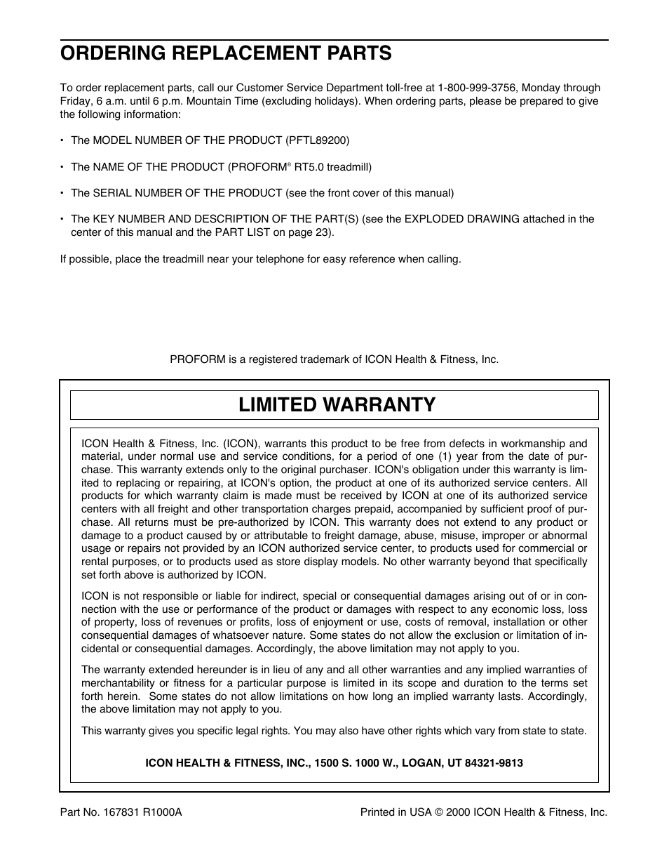 Ordering replacement parts, Limited warranty | ProForm PFTL89200 User Manual | Page 26 / 26