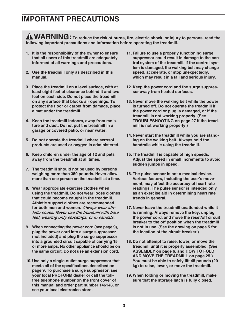 Warning, Important precautions | ProForm PFTL81405.0 User Manual | Page 3 / 34