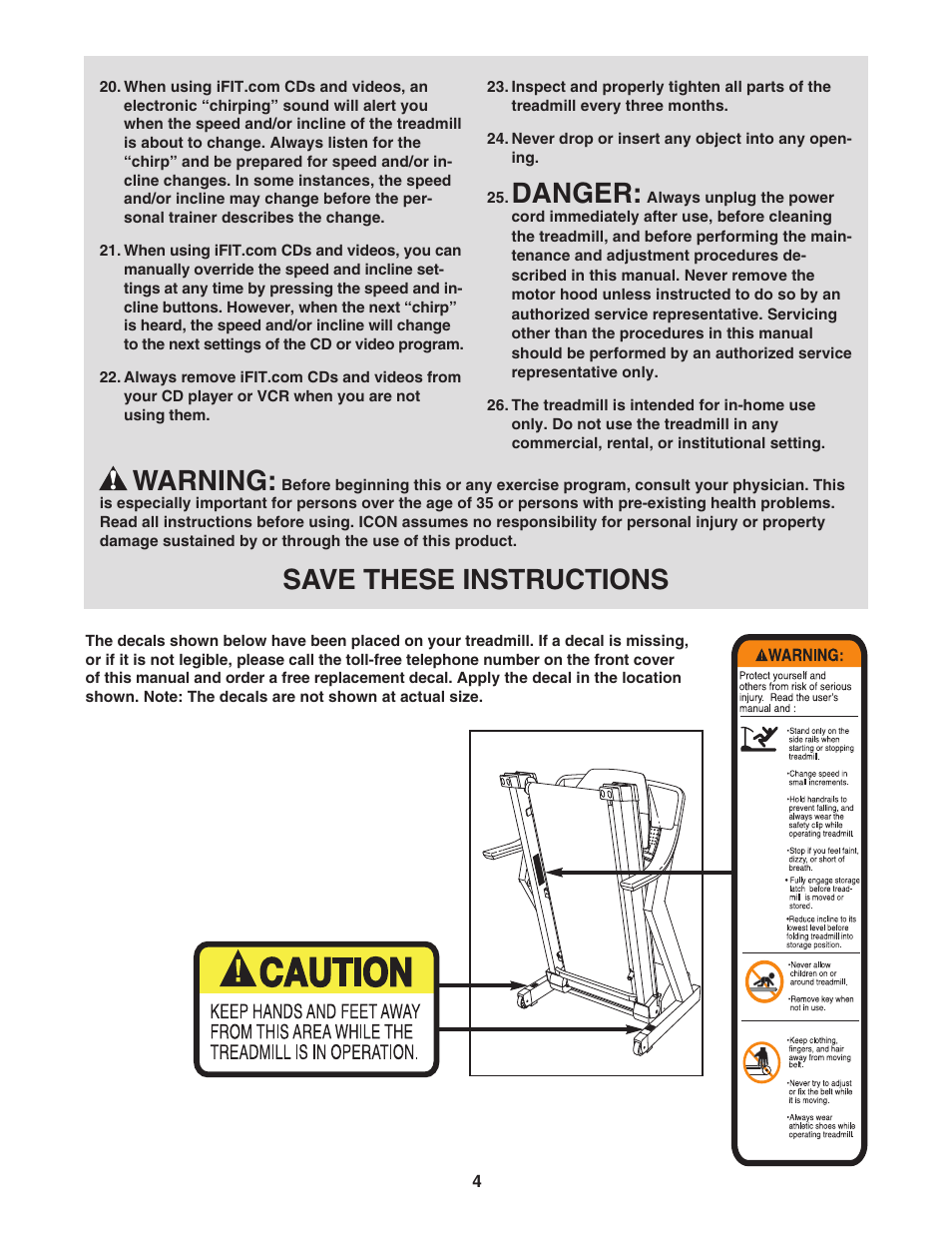 Danger, Warning, Save these instructions | ProForm PFTL81405.0 User Manual | Page 4 / 34