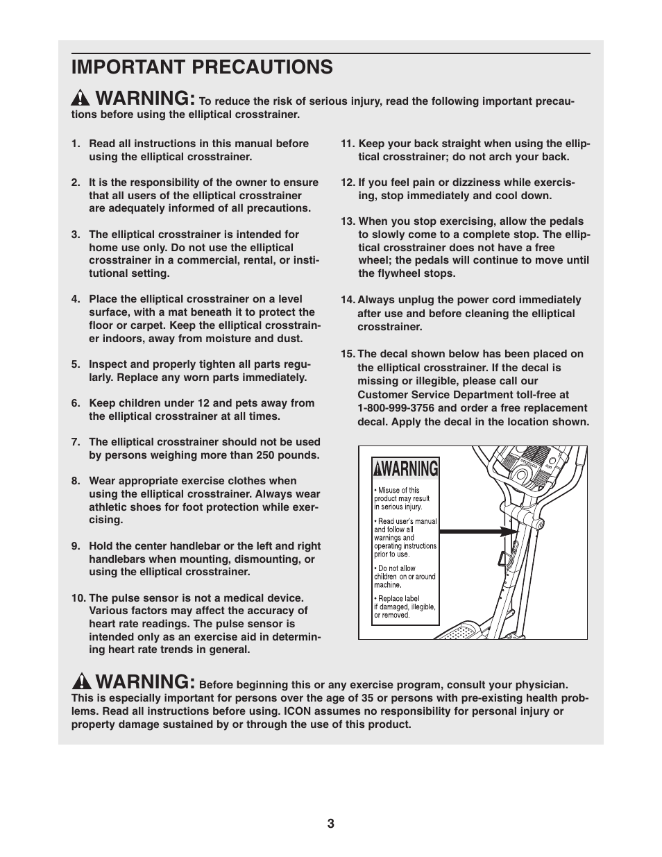 Important precautions warning, Warning | ProForm PFEL91030 User Manual | Page 3 / 24