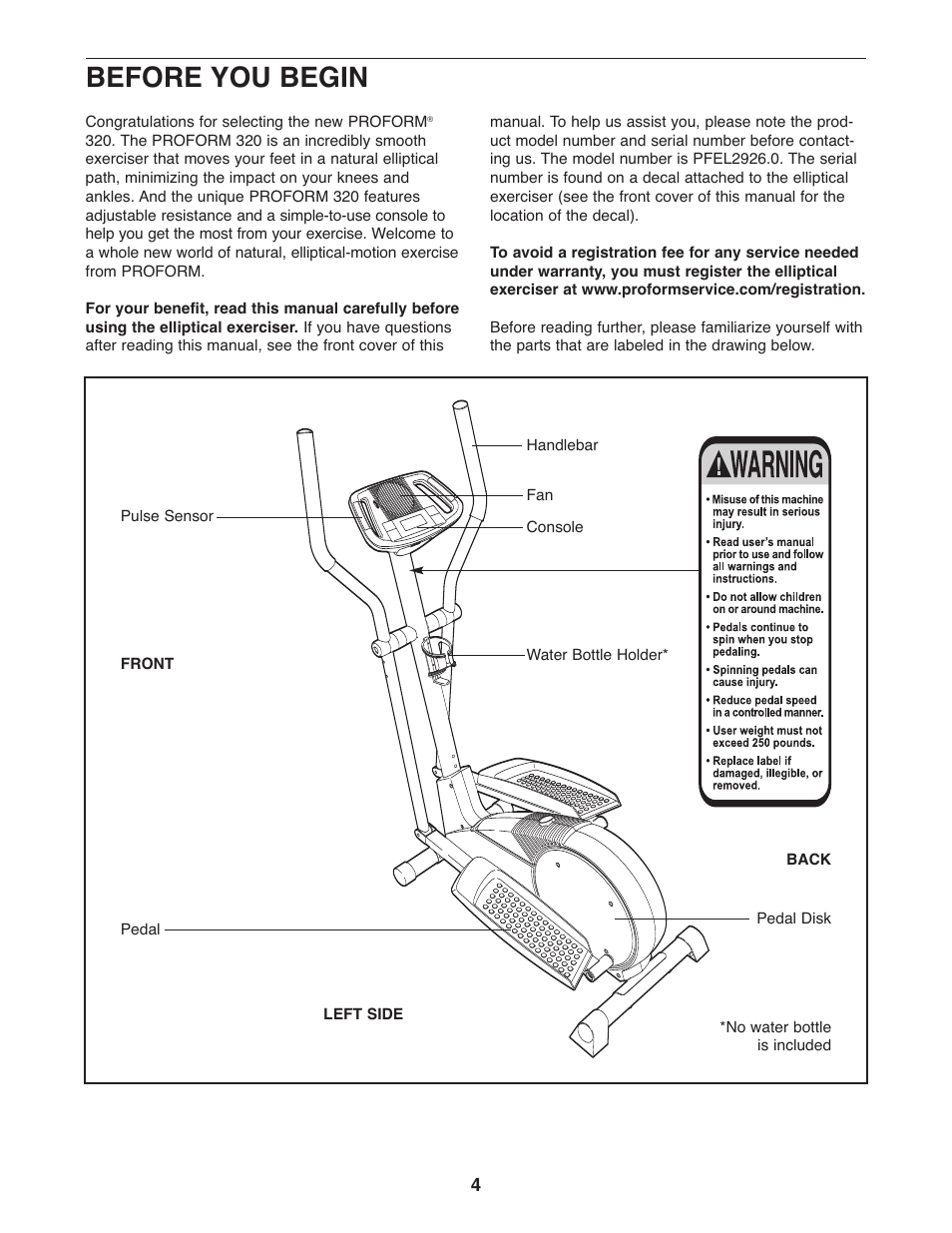 Before you begin | ProForm PFEL2926.0 User Manual | Page 4 / 16