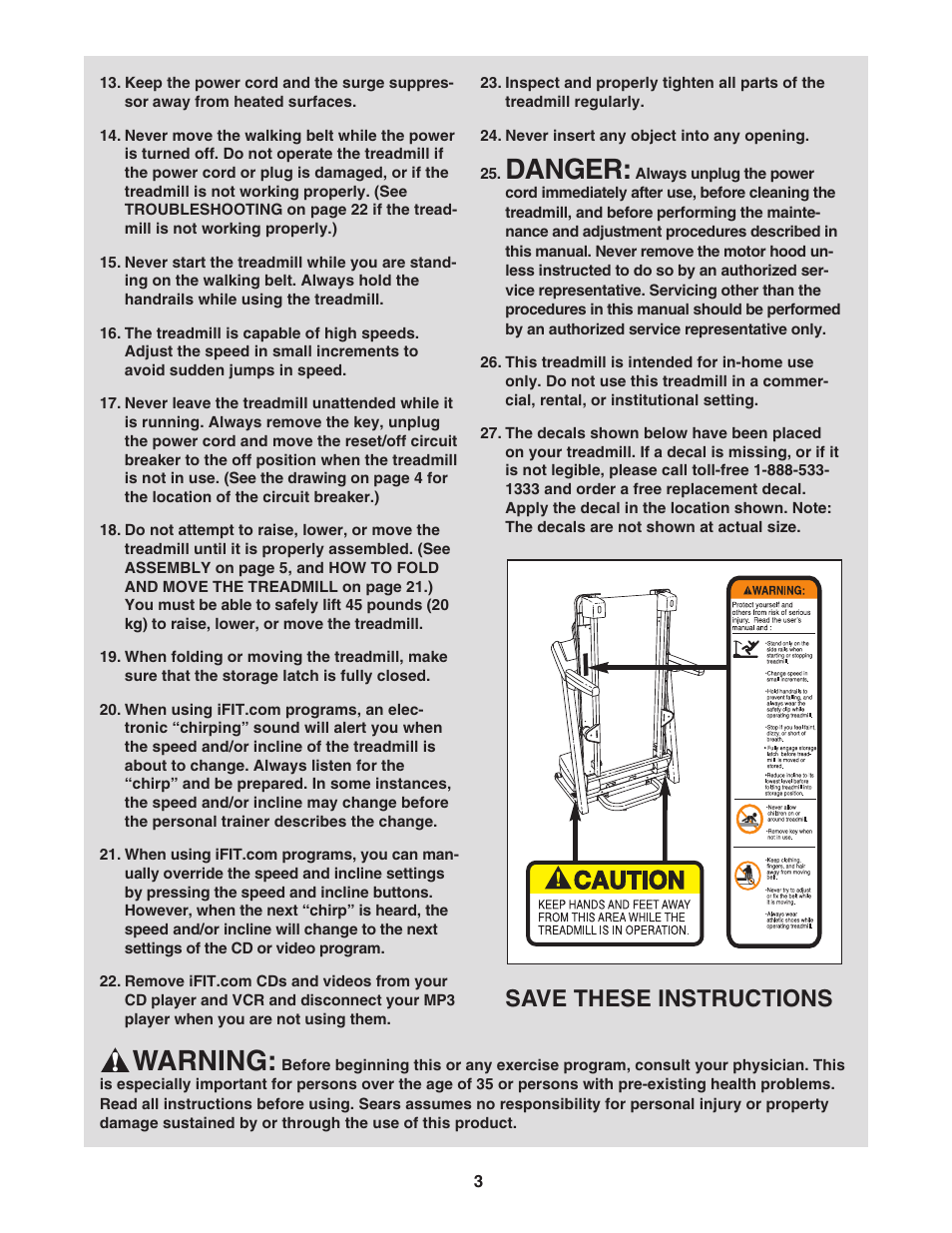 Danger, Warning, Save these instructions | ProForm 831.29605.1 User Manual | Page 3 / 30