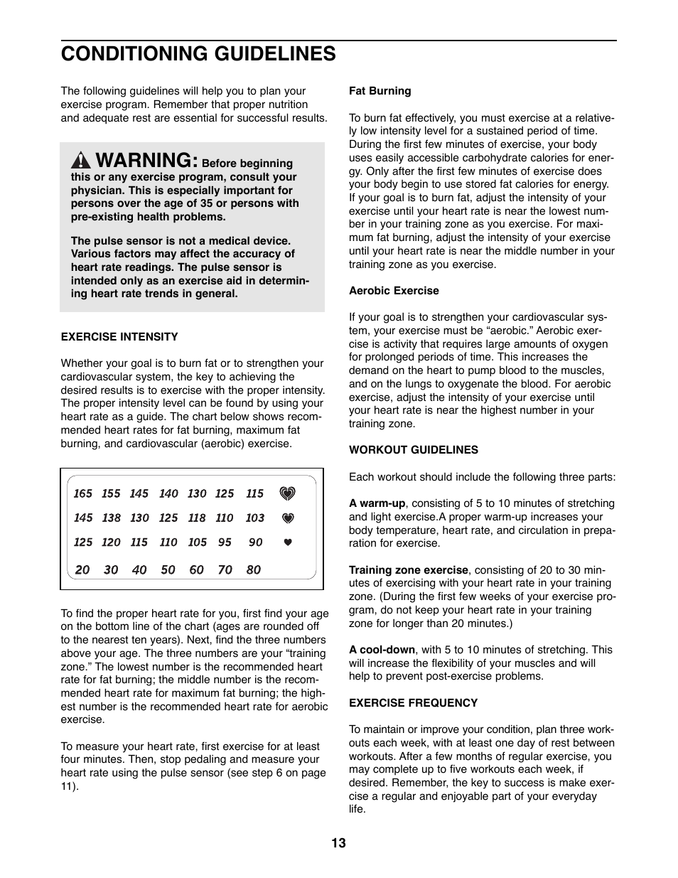 Conditioning guidelines, Warning | ProForm 985 Rt User Manual | Page 13 / 16