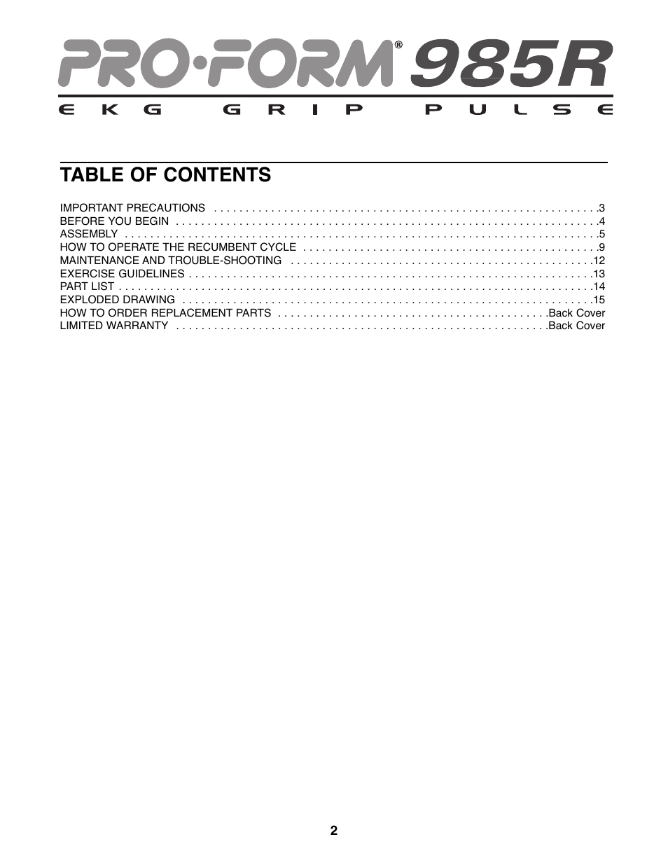 ProForm 985 Rt User Manual | Page 2 / 16
