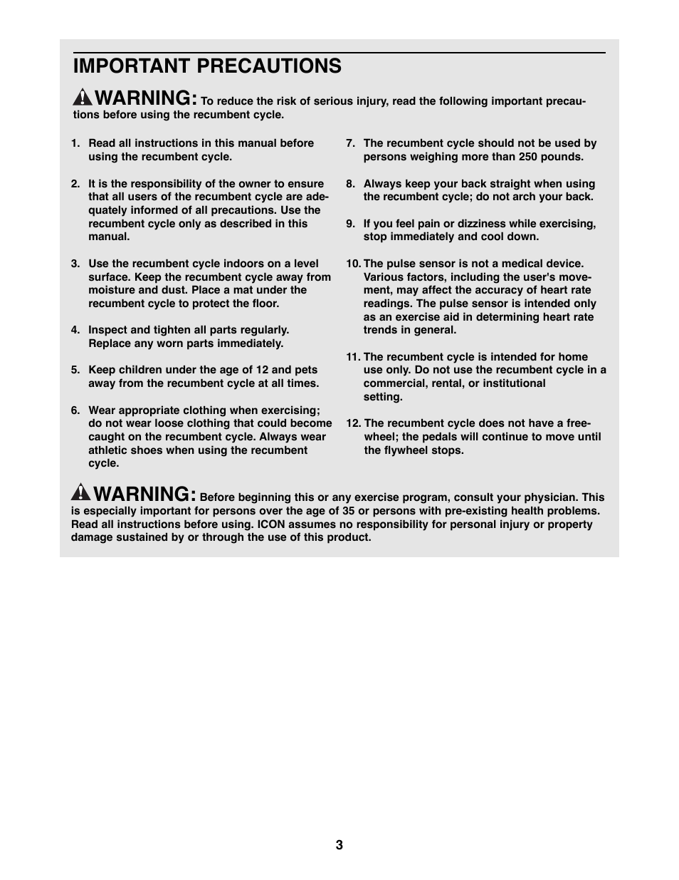 Warning, Important precautions warning | ProForm 985 Rt User Manual | Page 3 / 16