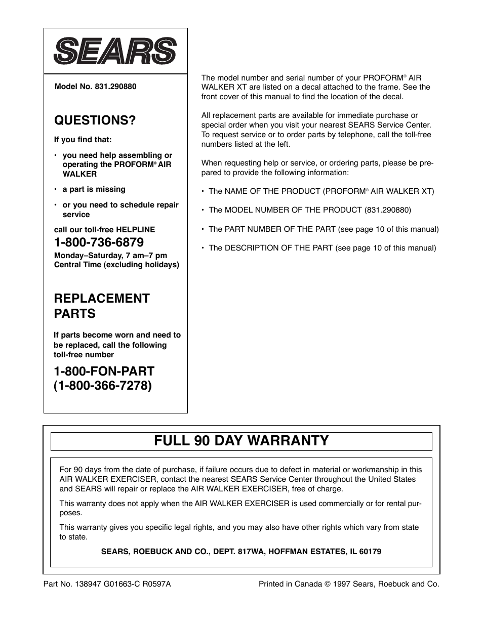 Full 90 day warranty, Questions, Replacement parts | ProForm No. 831.290880 User Manual | Page 12 / 12