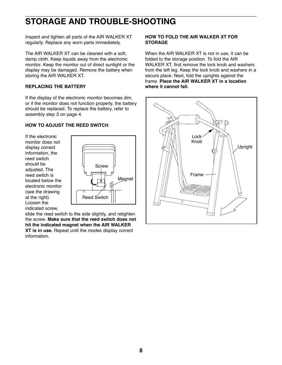 Storage and trouble-shooting | ProForm No. 831.290880 User Manual | Page 8 / 12