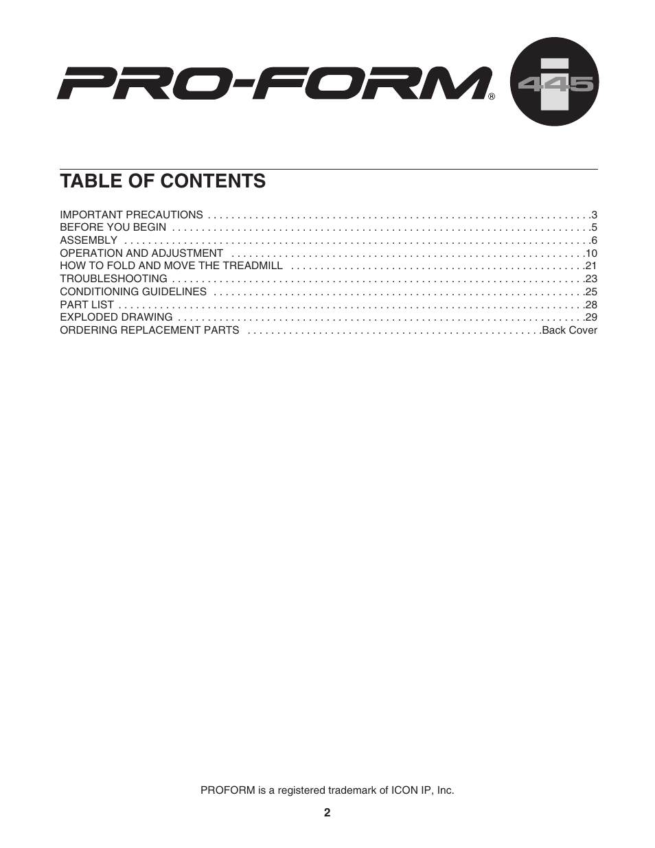 ProForm 445i User Manual | Page 2 / 32
