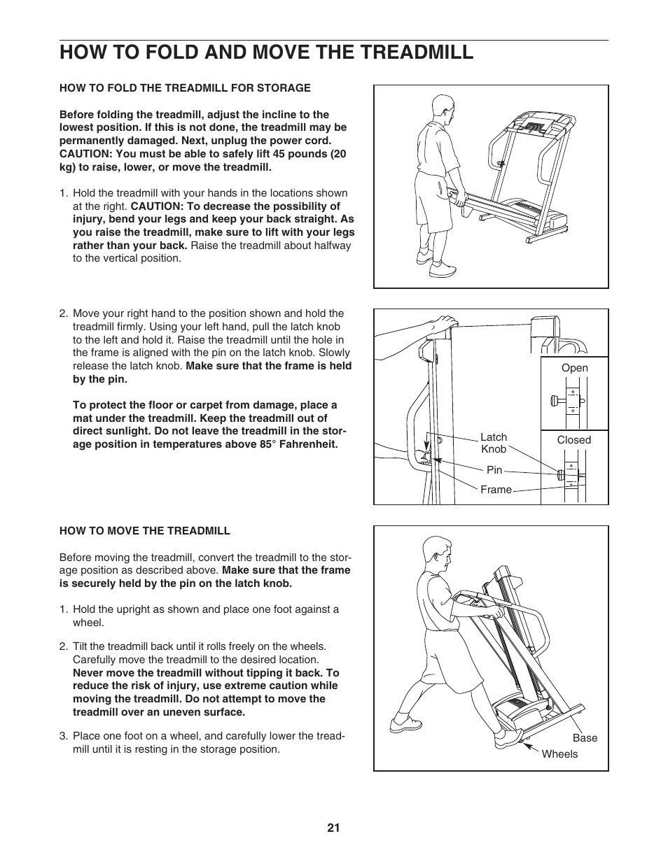 How to fold and move the treadmill | ProForm 445i User Manual | Page 21 / 32