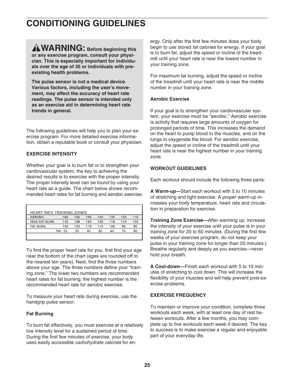 Conditioning guidelines warning | ProForm 445i User Manual | Page 25 / 32
