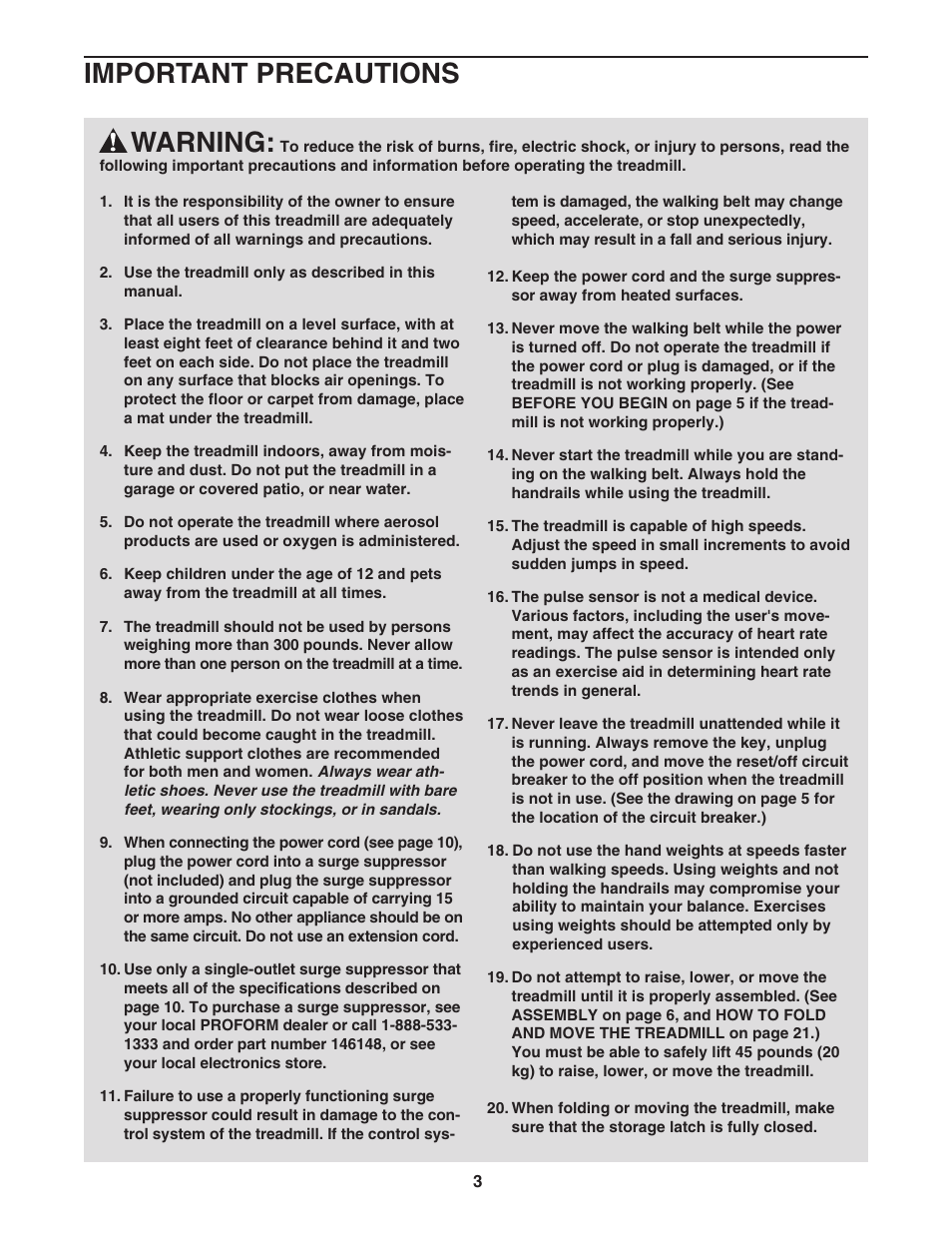 Warning, Important precautions | ProForm 445i User Manual | Page 3 / 32