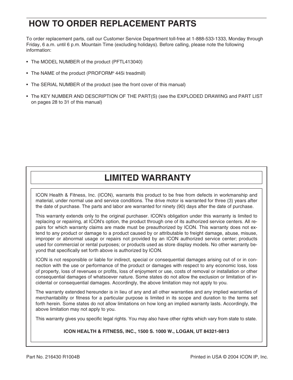 Limited warranty, How to order replacement parts | ProForm 445i User Manual | Page 32 / 32