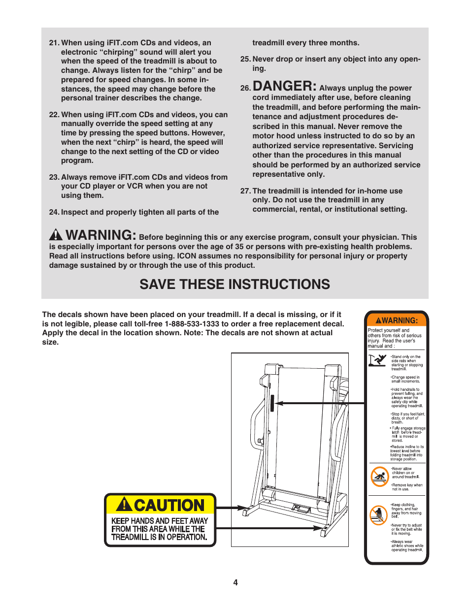 Danger, Warning, Save these instructions | ProForm 445i User Manual | Page 4 / 32