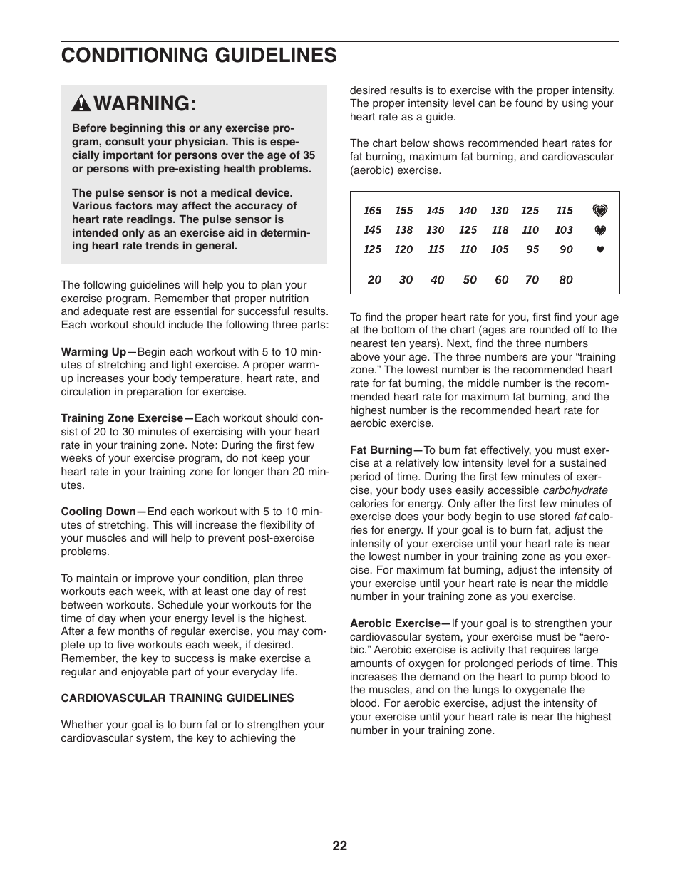 Conditioning guidelines, Warning | ProForm 831.28645.0 User Manual | Page 22 / 28