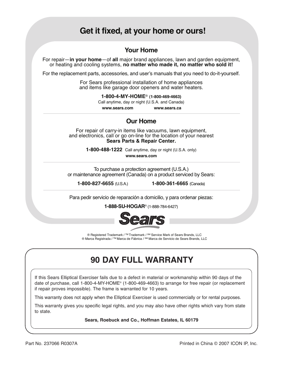 Get it fixed, at your home or ours, 90 day full warranty, Your home | Our home | ProForm 831.28645.0 User Manual | Page 28 / 28