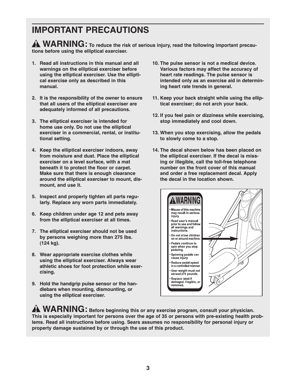 Important precautions warning, Warning | ProForm 831.28645.0 User Manual | Page 3 / 28